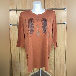 Tru Self Rust Feather Print Women's Top SZ - 2X